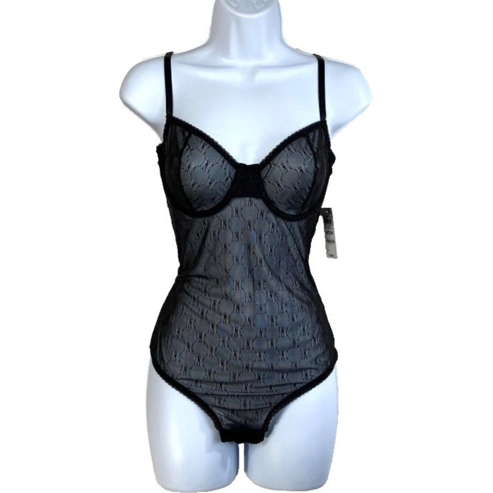INC International Concepts Monogram Bodysuit Womens M Black NEW Underwire Mesh